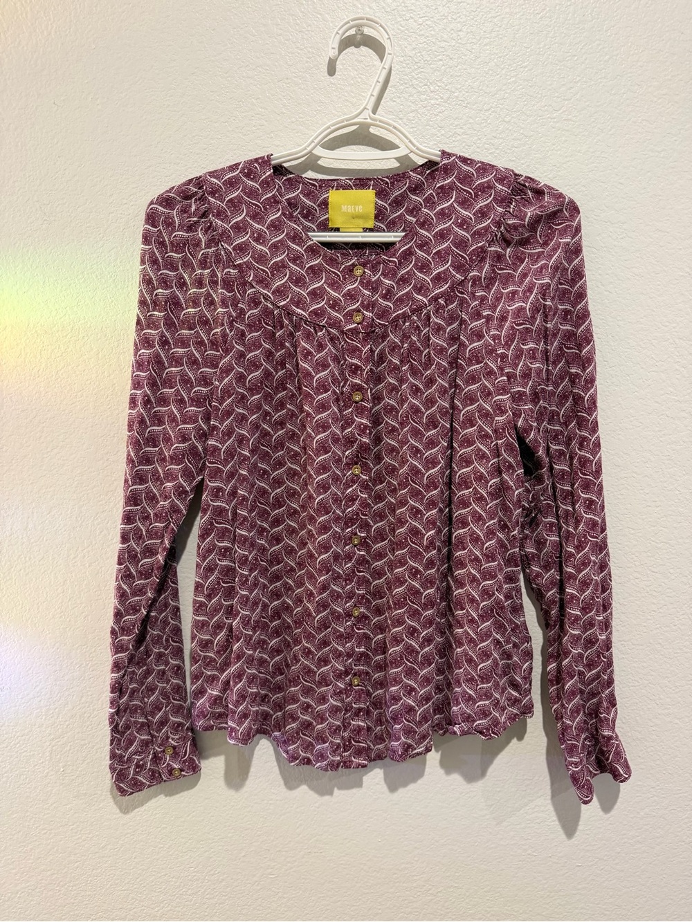 Anthropologie Plum Patterned Long-Sleeve Button Front Blouse